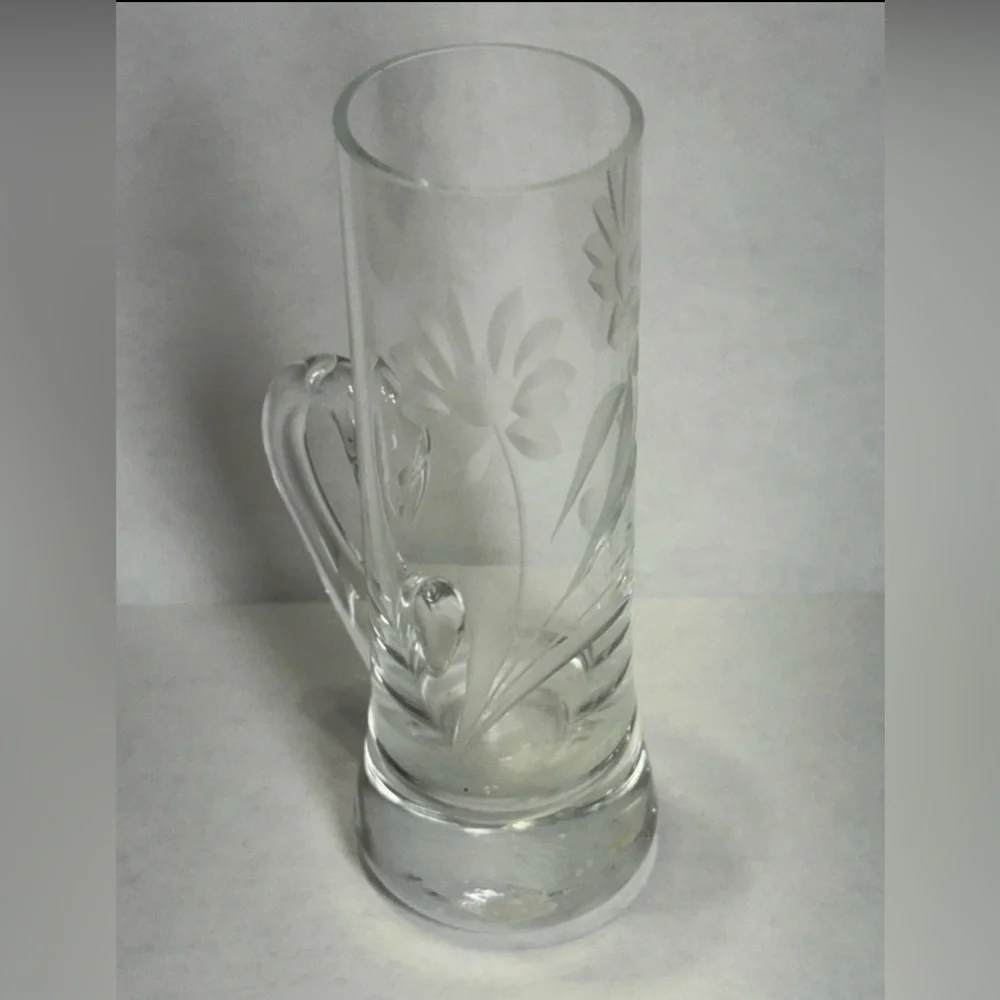 Vintage Etched Floral Hand Blown Shot Cordial Glasses Handles Set of 4, 4" Tall - Picture 5 of 9